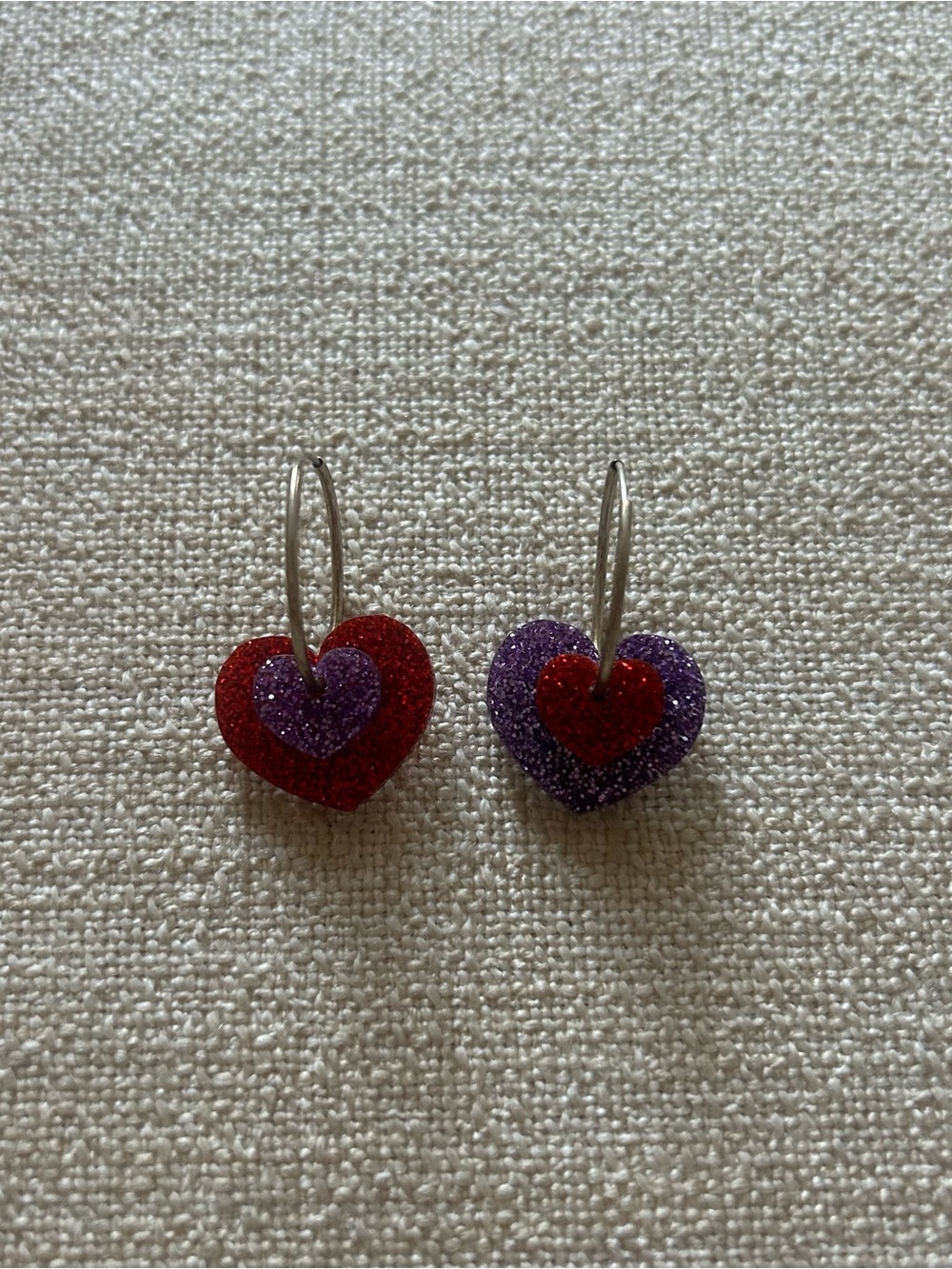 Glitter Heart Drop Earrings - Red & Lavender with Silver Hoops